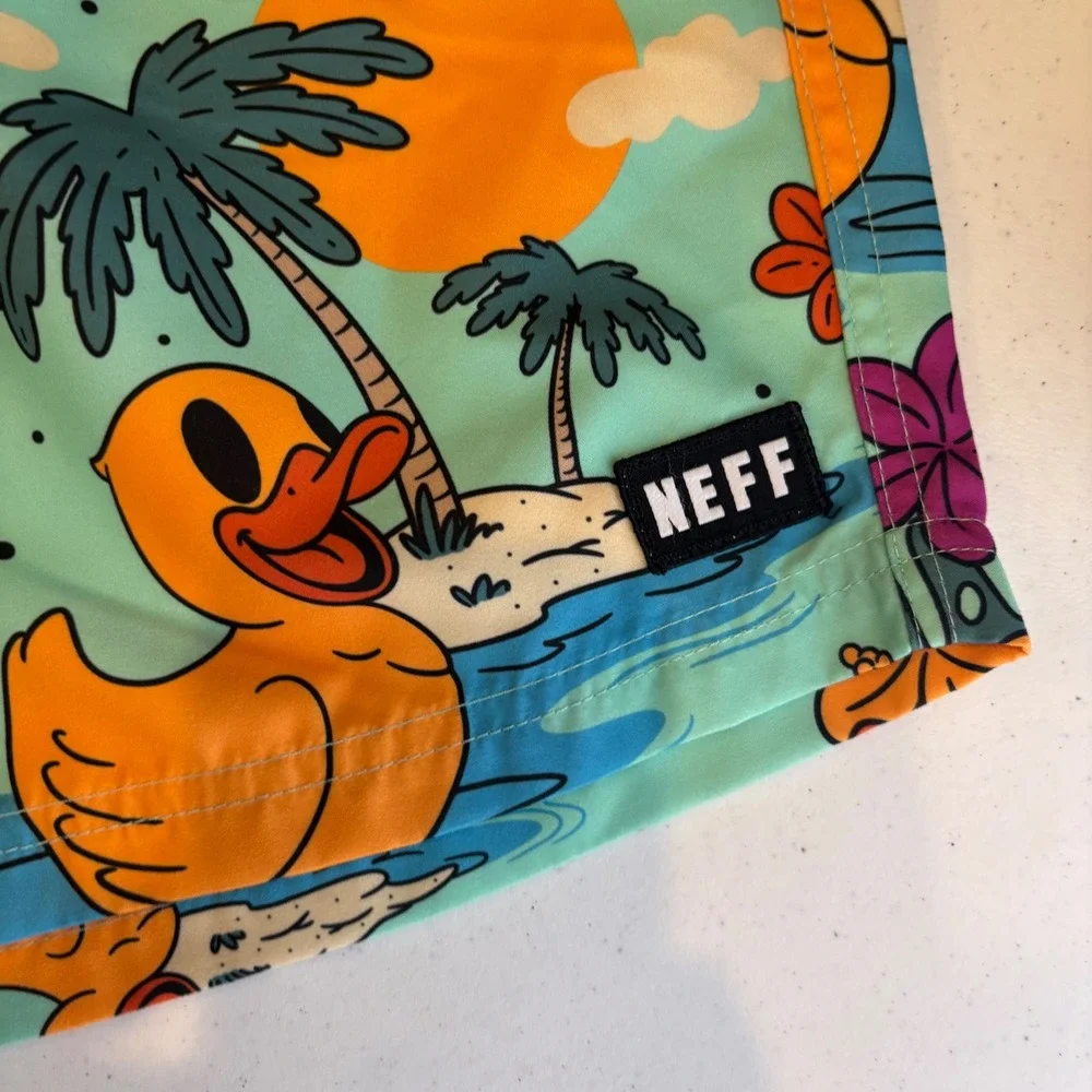 Neff Mens XL Rubber Duck Tropical Swim Trunks Mint Green Orange Board Shorts NEW